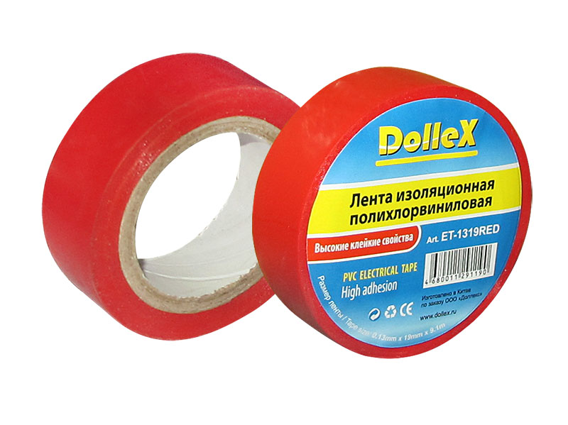 Лента изоляционная ПВХ, 19ммХ9.10м (красная) "Dollex"