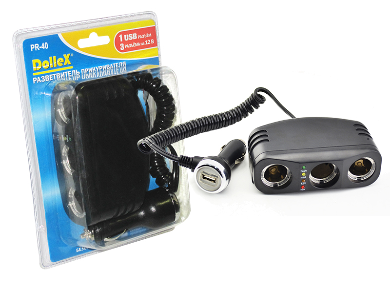 Разветвитель прикуривателя на 3 гнезда + 1 USB (1000mA)  "Dollex"  )))